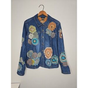 Vtg West End Jean Jacket Women Medium Arts Applique Sequin Floral 90s Boho Denim